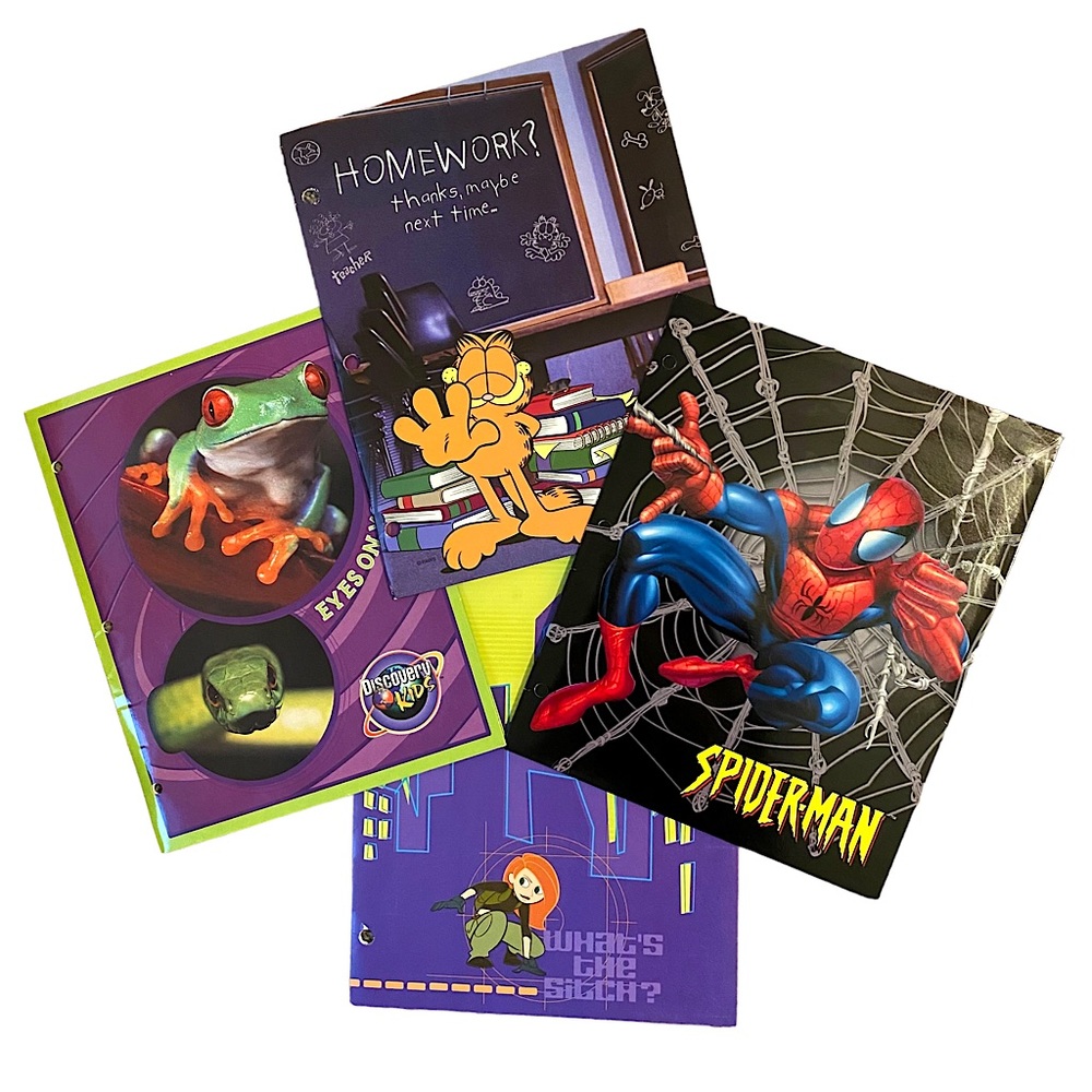 VINTAGE RARE Y2K FOLDERS GARFIELD SPIDER-MAN DISCOVERY CHANNEL KIDS KIM POSSIBLE